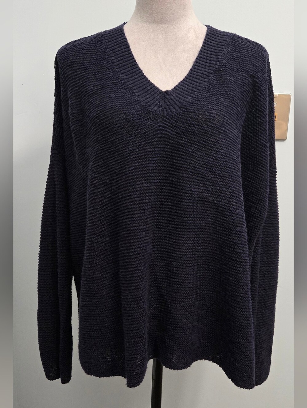 Eileen Fisher navy V-Neck 24" long Knit Sweater Women 1X